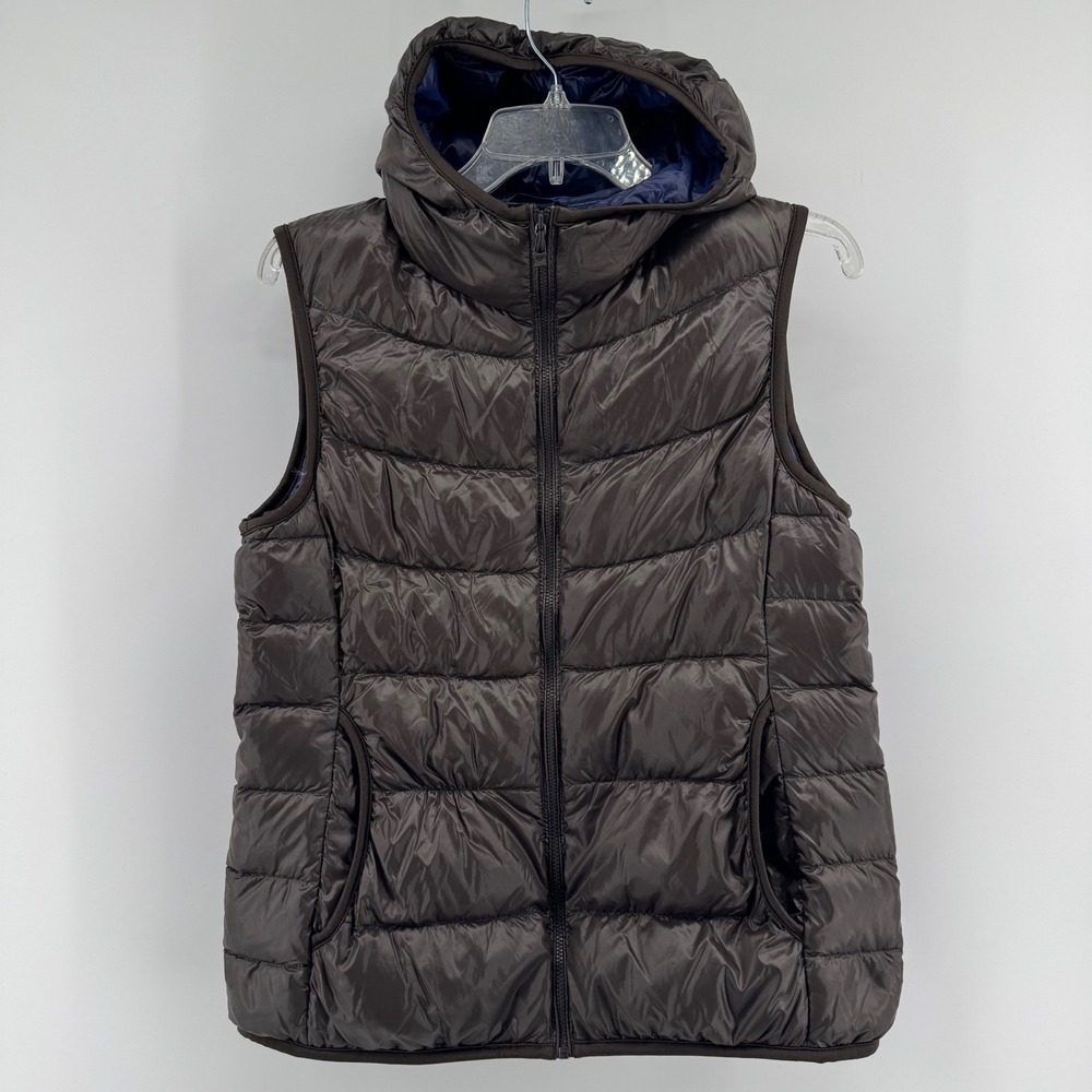 Uniqlo Ultra Light Down Puffer Vest Womens Medium Brown Hooded 217-080743‎